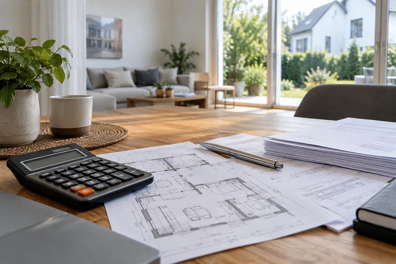 Finanzierungsunterlagen, Taschenrechner und Wohnungsgrundriss