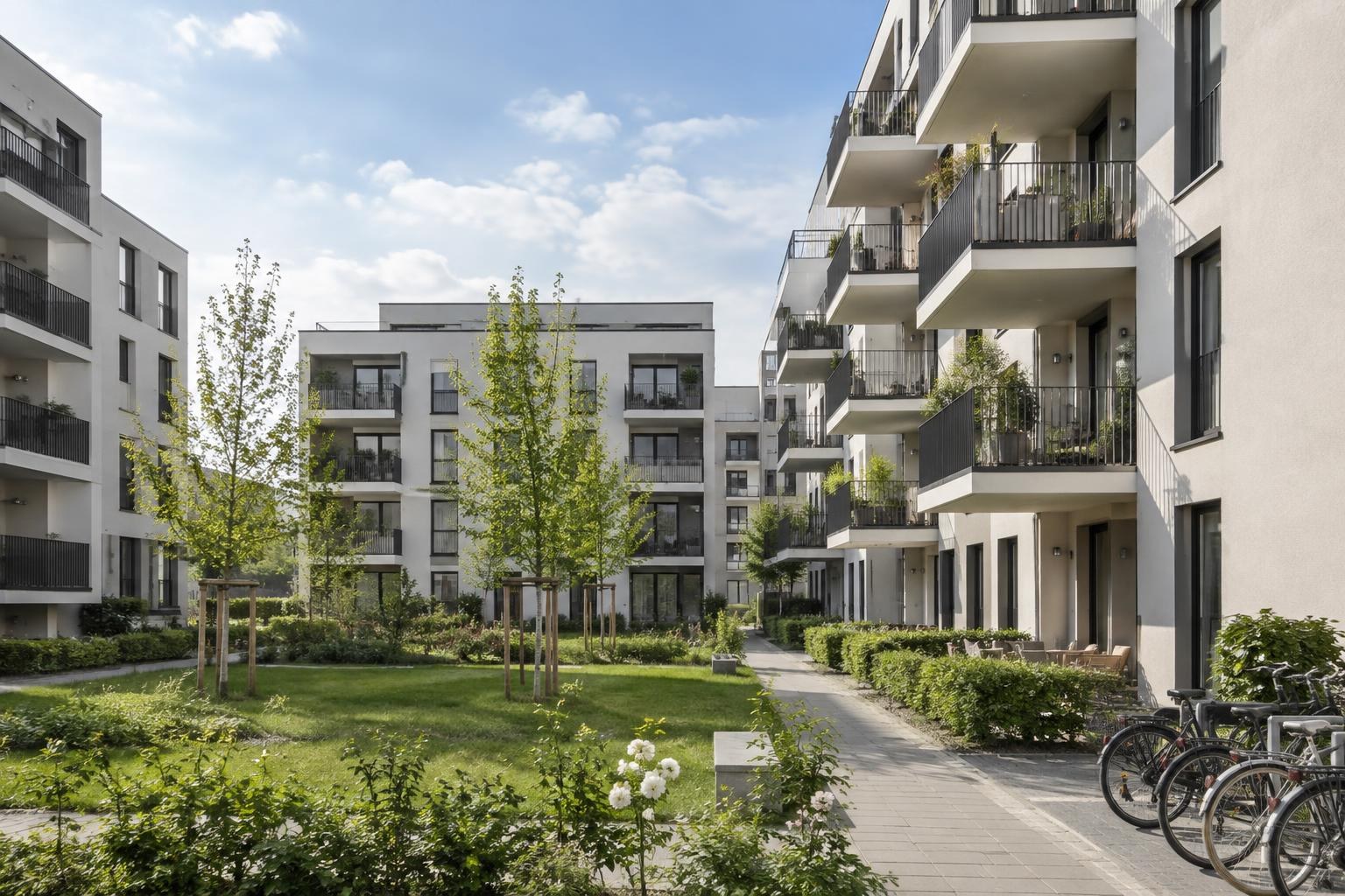 Wohngebäude mit gemeinsamem grünen Innenhof