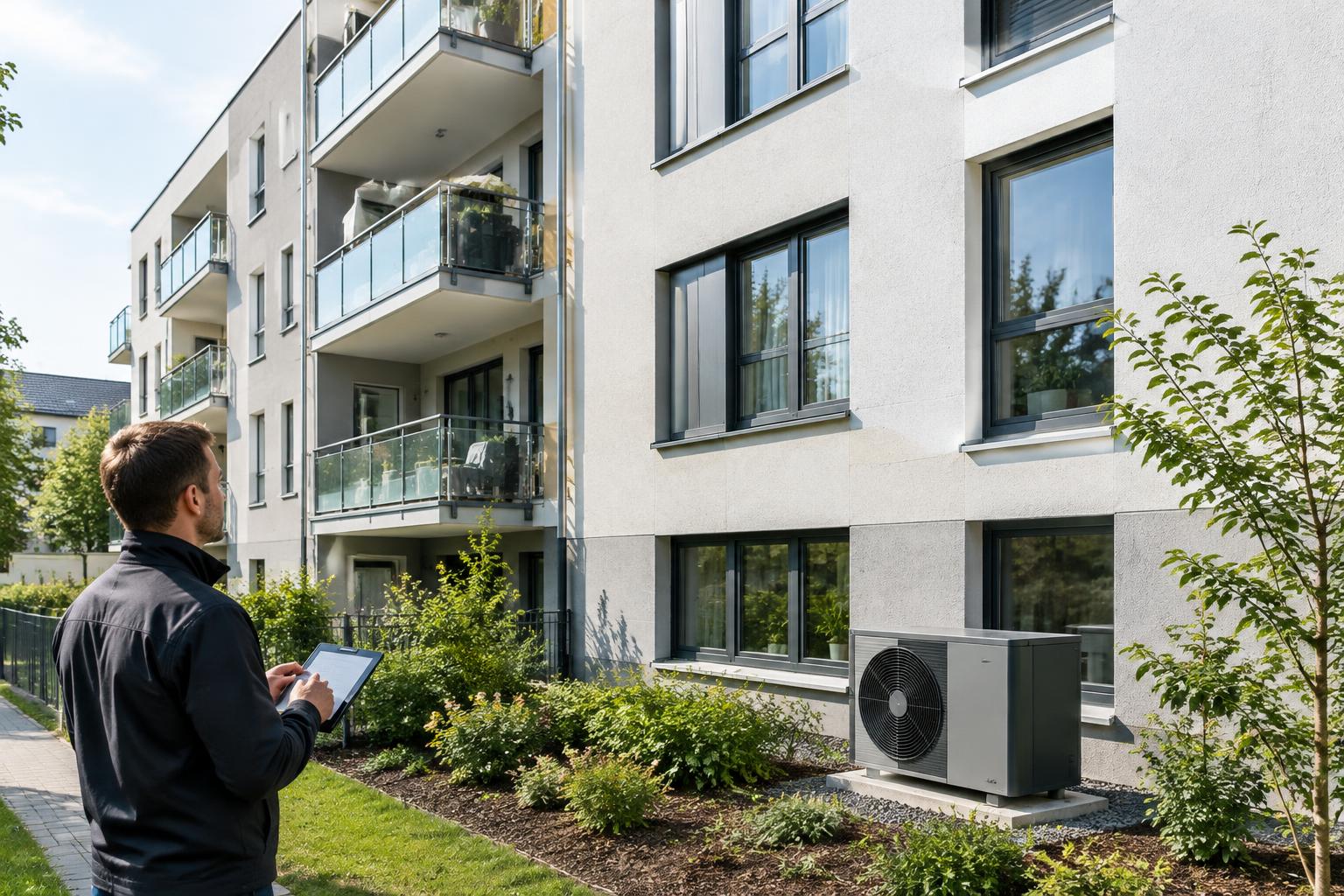 Wohngebäude mit Wärmepumpe bei einer Energieprüfung