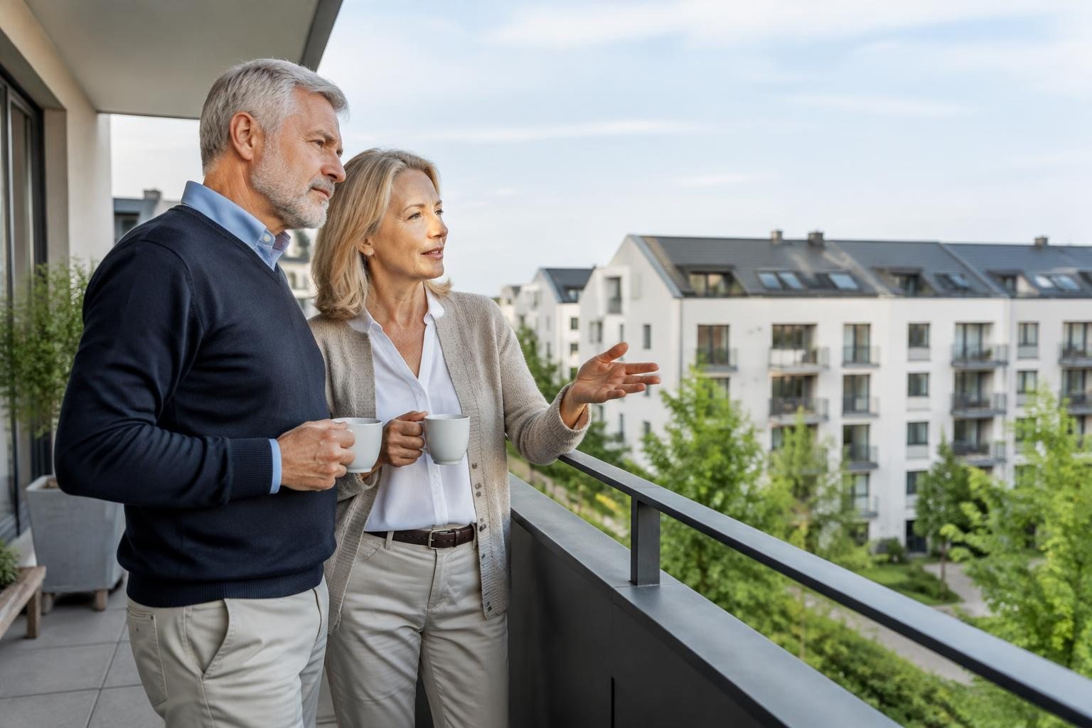 Ein Paar mit Blick auf Wohngebäude bei der langfristigen Vermögensplanung