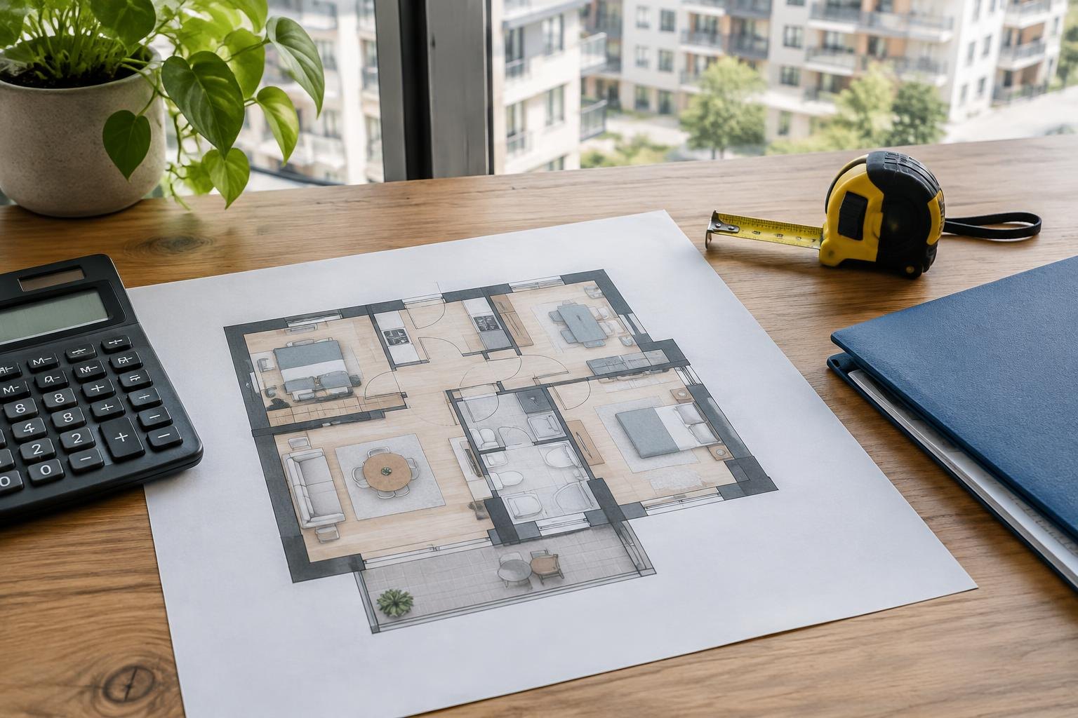 Wohnungsgrundriss und Messwerkzeuge zur Prüfung und Bewertung einer Immobilie