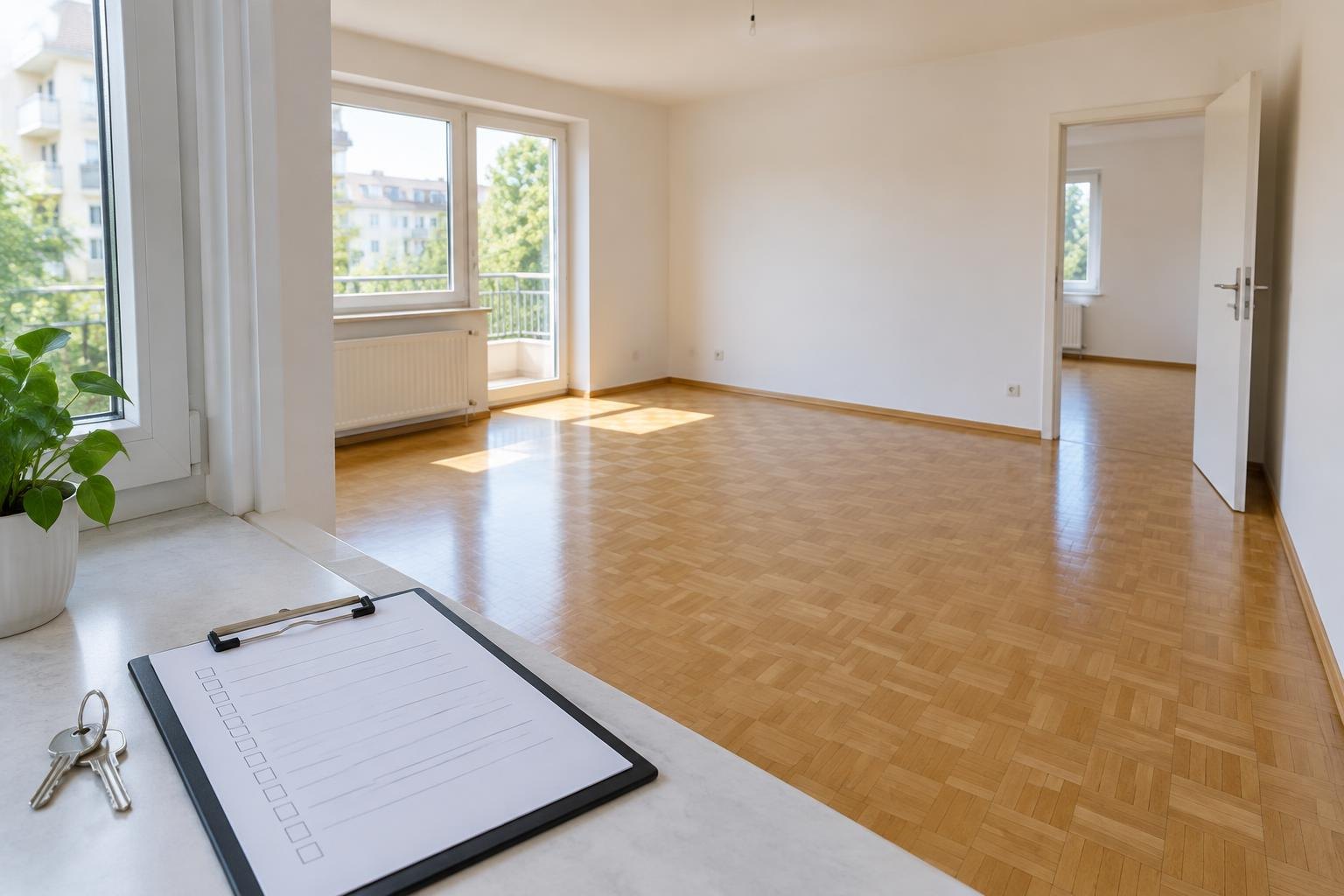 Abnahmeunterlagen und Wohnungsschlüssel in einer hellen Mietwohnung
